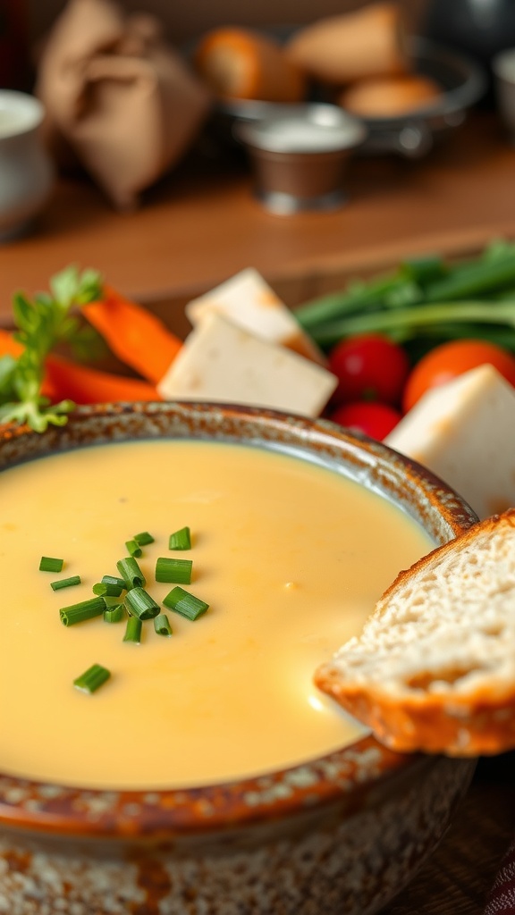 Creamy Cheddar Cheese Soup Recipe A warm bowl of creamy cheddar cheese soup with vegetables and chives, accompanied by crusty bread.